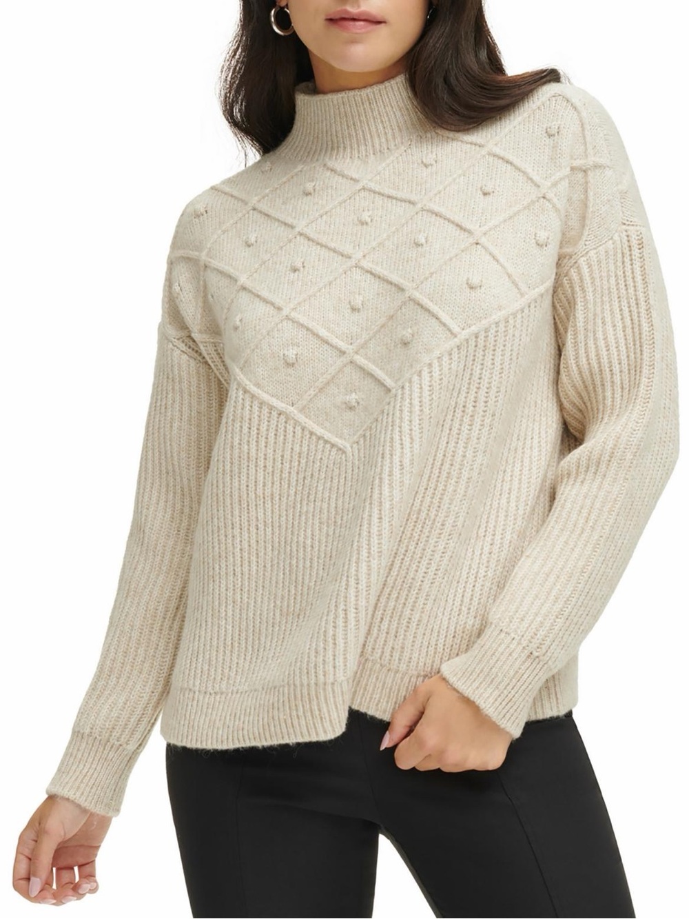 Calvin Klein Popcorn Stitch Mock Neck Pullover Sweater in Beige | Size Large